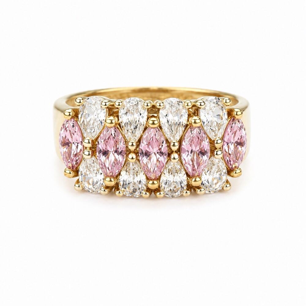 925 Sterling Silver Gold Plated Pink Morganite & White Clear Beryl Ring Size 8